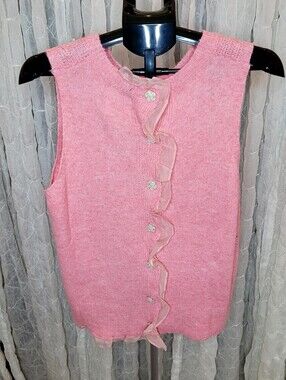 LovLov Pink Pointelle Sweater Tank Vest Ruffle Back Pearl Button L